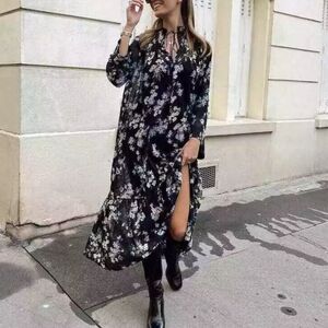H&M Blogger Long Chiffon Dress Black Floral Large